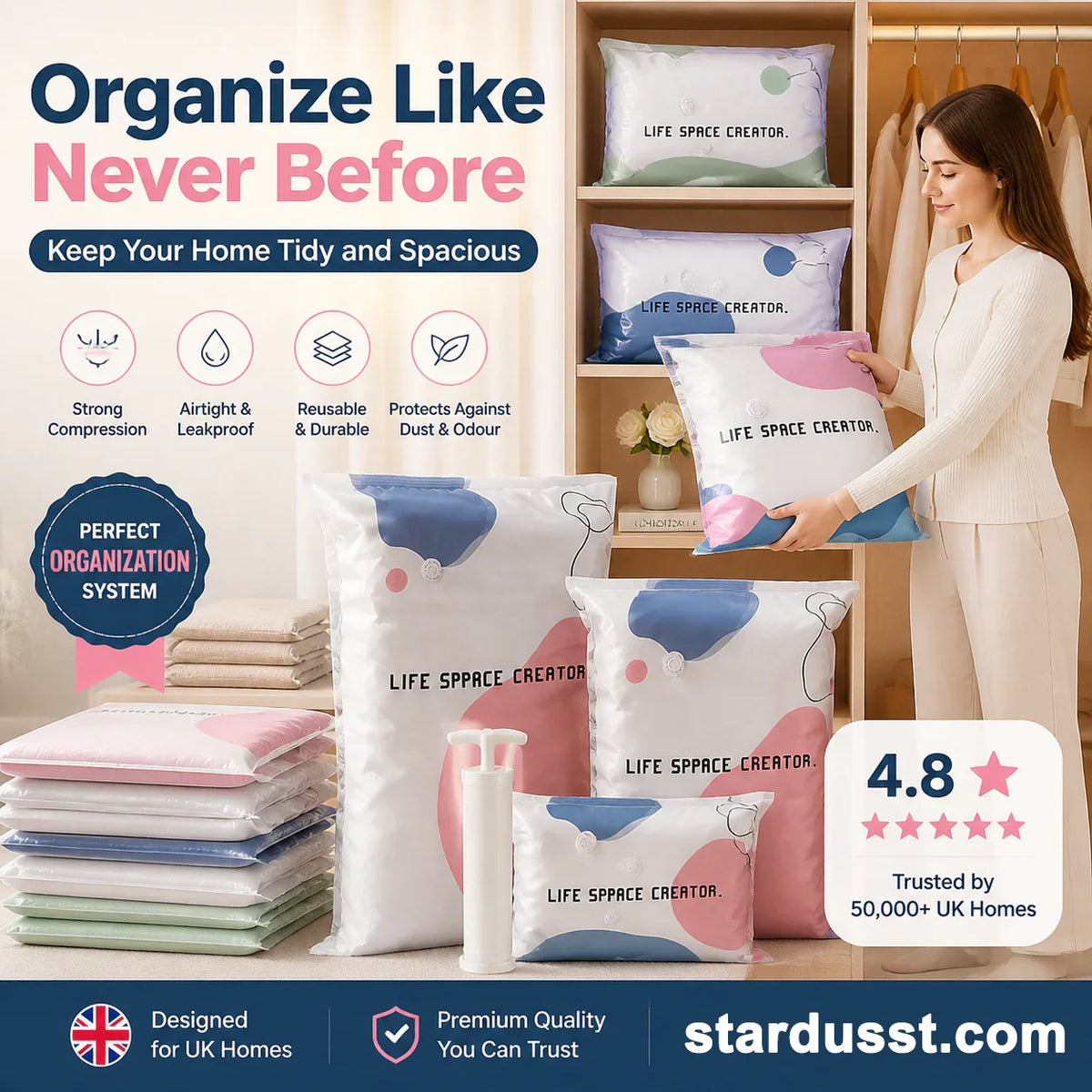 🥳LAST DAY BUY 2 GET 1 FREE!!💞50K+ SOLD!🧳💨No‑Pump Vacuum Storage Bags – Press & seal, no pump needed. Saves 80% space, keeps clothes dry & dust‑free. Perfect for bulky bedding & off‑season gear. 🛏️🗄️