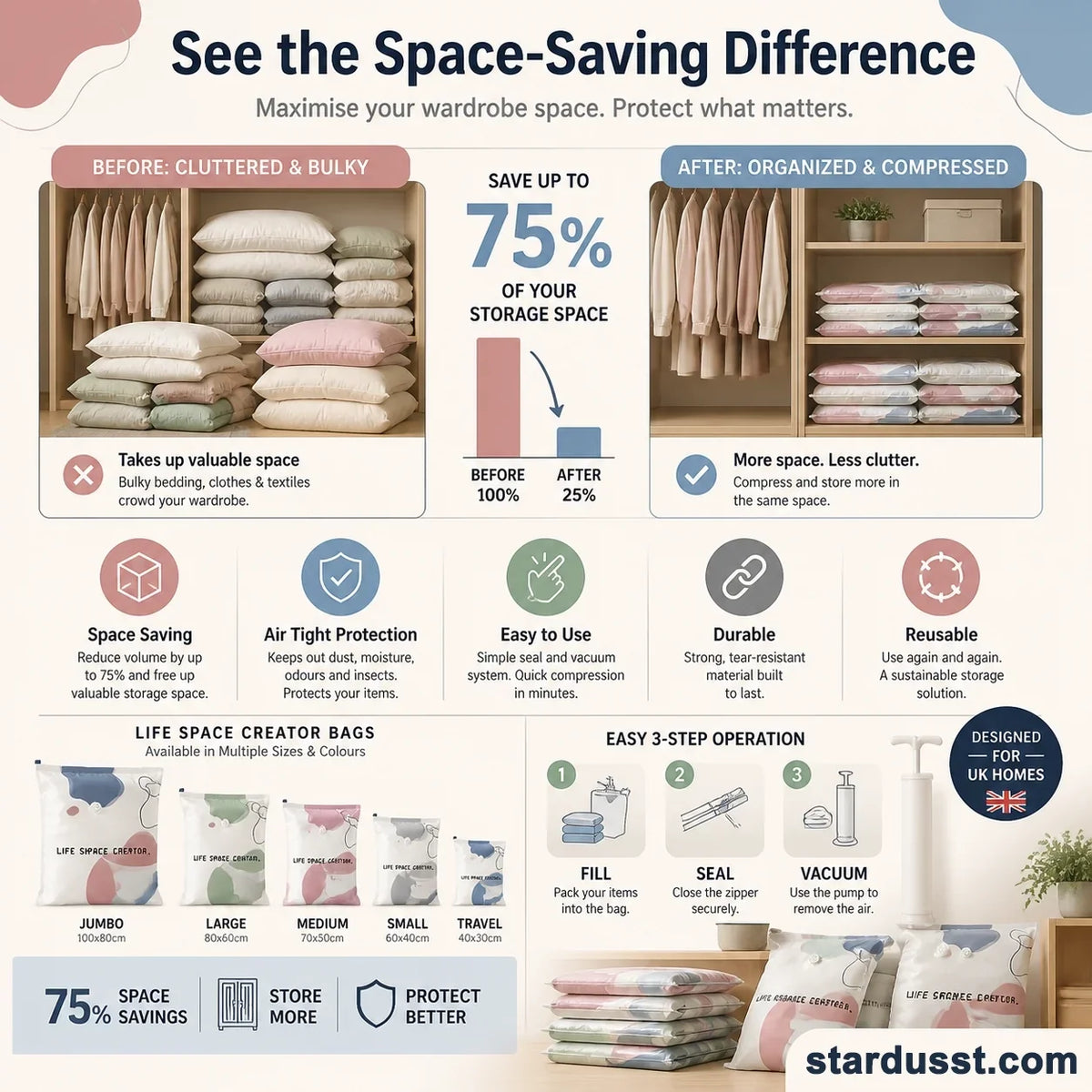 🥳LAST DAY BUY 2 GET 1 FREE!!💞50K+ SOLD!🧳💨No‑Pump Vacuum Storage Bags – Press & seal, no pump needed. Saves 80% space, keeps clothes dry & dust‑free. Perfect for bulky bedding & off‑season gear. 🛏️🗄️